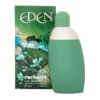 Zielona butelka perfum o zaokrąglonym kształcie stoi przed pudełkiem z motywem roślinnym. Na pudełku widnieje napis: "EDEN cacharel EAU DE PARFUM vaporisateur - natural spray 50 ml 1.7 FL OZ".