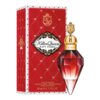 Czerwone opakowanie perfum z wzorem w romby i złotymi detalami, na którym widnieje napis "Killer Queen Katy Perry". Obok znajduje się flakon w kształcie klejnotu z czerwonego szkła, z złotym korkiem i napisem "Katy Perry".