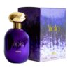 Fioletowy flakon perfum z napisem "Viola" i "AJMAL" obok ozdobnego pudełka z podobnym wzorem i napisem "Viola". Na pudełku widnieje również tekst "75 ml" oraz "Eau de Parfum".