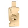 Złoty flakon perfum o nietypowym kształcie z widocznym napisem "EVOKE GOLD EDITION" oraz "AJMAL". Flakon ma centralnie umieszczony okrągły element dekoracyjny.
