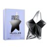 Na zdjęciu znajduje się flakon perfum w kształcie gwiazdy oraz pudełko z napisem "ANGEL FANTASM MUGLER EAU DE PARFUM SENSUELLE ETOILE RECHARGEABLE REFILLABLE STAR 100 mL 3.3 Fl. Oz.". Flakon ma błyszczącą, wielokątną powierzchnię.