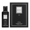 Czarne opakowanie i flakon perfum z białymi napisami: "Modest Pour Homme UNE" oraz "AFNAN". Na dole opakowania widnieje napis "Eau de Parfum Vaporisateur e 100ml 3.4 FL OZ".
