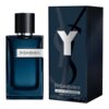 Na zdjęciu widoczna jest ciemnoniebieska butelka perfum z napisem "Yves Saint Laurent" oraz pasujący do niej kartonik z dużą literą "Y". Na kartoniku znajduje się również napis "EAU DE PARFUM INTENSE VAPORISATEUR - SPRAY 3.3 fl. oz. e 100 ml".