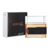 Na zdjęciu znajduje się flakon perfum o pojemności 100 ml z napisem "ARMAF LUXE" oraz pudełko z powtarzającym się wzorem "CRAZE" i napisem "CRAZE FOR MEN EAU DE PARFUM 100ML 3.4FL.OZ". Flakon ma przezroczystą dolną część z bursztynowym płynem i metaliczną górę.