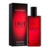 Czerwony flakon perfum z czarnym korkiem obok czarno-czerwonego pudełka. Na obu widnieje napis: "DAVIDOFF HOT WATER", a na pudełku dodatkowo: "EAU DE TOILETTE NATURAL SPRAY 3.7 FL OZ e 110 ml".
