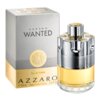 Pudełko i flakon perfum "Azzaro Wanted" o pojemności 100 ml, z widocznym napisem "Eau de Toilette" oraz logo Azzaro. Flakon ma metaliczne wykończenie z elementami przypominającymi bęben rewolweru, a płyn wewnątrz jest w kolorze złotym.