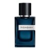 Ciemnoniebieska butelka perfum z czarnym, teksturowanym korkiem, na której widnieje srebrny pasek z napisem "Yves Saint Laurent".