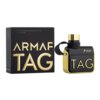 Czarne opakowanie z dużym złotym napisem "ARMAF TAG" oraz flakon perfum w kolorze czarnym z elementami złota i napisem "TAG". Na flakonie widnieje również napis "UOMO NERO EAU DE PARFUM".