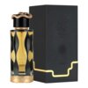 Butelka perfum o pojemności 100 ml z napisem "Lattafa Teriaq Intense" ma złote detale i ozdobne wieczko w kształcie węża, obok niej znajduje się czarne pudełko z tym samym napisem.