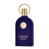 Fioletowy flakon perfum z okrągłym złotym korkiem i złotym emblematem na środku. Na flakonie widnieje napis "PHILOS CENTRO".