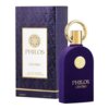 Fioletowy flakon perfum z okrągłym, złotym korkiem stoi obok ozdobnego pudełka z wzorem roślinnym. Na obu widnieje złoty napis: "PHILOS CENTRO EAU DE PARFUM VAPORISATEUR - NATURAL SPRAY 100ML ℮ 3.4 FL. OZ".
