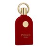 Czerwony flakon perfum z okrągłym, złotym korkiem i złotym emblematem na przodzie. Na butelce widnieje napis "PHILOS ROSSO".