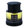 Butelka perfum o cylindrycznym kształcie z czarnym korkiem, na której widnieje etykieta z napisem "ARMAF NICHE BLACK ONYX". Płyn wewnątrz butelki ma jasnożółty kolor.