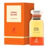Pomarańczowe opakowanie perfum z napisem "CORAL BLUSH EAU DE PARFUM" oraz logo z jeleniem i napisem "MAISON ALHAMBRA" znajduje się obok flakonu o podobnym wzornictwie, zawierającego 80 ml perfum.