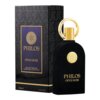 Czarne opakowanie z wzorem roślinnym zawiera złote napisy: "PHILOS OPUS NOIR EAU DE PARFUM VAPORISATEUR - NATURAL SPRAY 100ML E 3.4 FL.OZ". Obok stoi czarny flakon z okrągłym złotym korkiem i złotym emblematem, na którym widnieje napis "PHILOS OPUS NOIR".