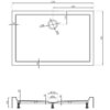 Na zdjęciu widoczny jest schemat techniczny prostokątnego brodzika o wymiarach 1100 x 700 mm z oznaczeniami wymiarów i średnic, w tym średnicy odpływu 90 mm. Rysunek zawiera szczegółowe wymiary elementów, takie jak odległości od krawędzi i wysokości, oraz przekrój boczny brodzika.