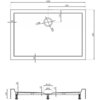 Na zdjęciu znajduje się techniczny rysunek prostokątnego brodzika o wymiarach 1000 x 900 mm z oznaczeniami wymiarów i średnic, w tym otworu odpływowego o średnicy 90 mm. Widoczne są także przekroje boczne z wymiarami wysokości i głębokości brodzika.