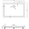 Na zdjęciu widoczny jest schemat techniczny prostokątnego brodzika o wymiarach 1200 x 800 mm z oznaczeniami wymiarów i średnic, w tym średnicy odpływu 90 mm. Rysunek przedstawia widok z góry oraz przekrój boczny brodzika z zaznaczonymi wysokościami i odległościami.