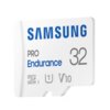 Biała karta pamięci z niebieskim napisem "SAMSUNG" oraz czarnymi napisami "PRO Endurance" i "32". Widoczne są także symbole "microSD", "HC I", "U1" i "V10".