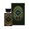 Czarny flakon perfum z geometrycznym, złotym wzorem i napisem "HAPPY OUD" oraz "zimaya" na środku, obok niego znajduje się pudełko z podobnym wzorem i napisami "extrait de parfum" oraz "e 100ml 3.4 fl.oz".