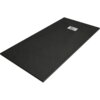 Czarny, prostokątny brodzik z teksturą, z widoczną maskownicą inox w kształcie kwadratu z otworami. Produkt ma wymiary 180 x 80 cm.