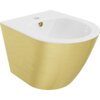 Na zdjęciu widoczny jest biały bidet wiszący z ozdobnym złotym wzorem w linie. Produkt ma gładką, błyszczącą powierzchnię i otwór na armaturę.