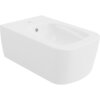 Biały, wiszący bidet o nowoczesnym, zaokrąglonym kształcie z widocznym otworem na baterię i odpływem. Produkt jest gładki i lśniący, bez widocznych napisów ani logo.