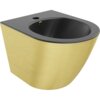 Czarny matowy bidet wiszący z widocznym złotym wzorem w linie na zewnętrznej powierzchni. Produkt ma gładką, zaokrągloną formę z otworem na armaturę.