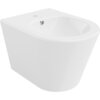 Biały, wiszący bidet o gładkiej powierzchni i zaokrąglonych krawędziach, z widocznym otworem na baterię oraz odpływem. Na powierzchni znajduje się subtelne logo "Mexen".