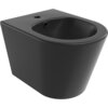 Czarny matowy bidet wiszący o gładkiej, zaokrąglonej formie z otworem na baterię i odpływem. Produkt ma minimalistyczny design bez widocznych napisów ani logo.