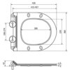 Schemat techniczny deski sedesowej z wymiarami: szerokość 430 mm, długość regulowana 415-457 mm, szerokość wewnętrzna 280 mm, długość wewnętrzna 220 mm, całkowita długość 360 mm, wysokość 42 mm, oraz regulacja montażu 106-274 mm. Produkt to "Mexen deska wolnoopadająca slim, duroplast, czarna mat - 39010185".