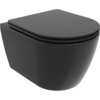Czarna, matowa miska WC bez kołnierza z wolnoopadającą deską slim, wykonana z duroplastu. Produkt ma nowoczesny, minimalistyczny design.
