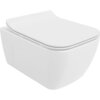 Biała, połyskująca miska WC z deską wolnoopadającą o smukłym profilu, wykonana z duroplastu. Produkt ma nowoczesny, minimalistyczny design bez widocznych elementów montażowych.