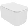 Biała, połyskująca miska WC z deską wolnoopadającą o smukłym profilu, wykonana z duroplastu. Produkt ma nowoczesny, minimalistyczny design bez widocznych elementów montażowych.