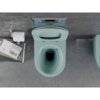 Na zdjęciu widoczna jest jasna, matowa, zielona miska WC typu Rimless z deską wolnoopadającą slim, zamontowana na tle szarej ściany. Obok znajduje się uchwyt z rolką papieru toaletowego oraz stos książek, z widocznymi tytułami "John Ruskin" i "Von Venedig".
