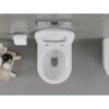 Na zdjęciu widoczna jest biała, połyskująca miska WC typu Rimless, zamontowana na szarej ścianie, z widocznym przyciskiem spłukującym oraz uchwytem na papier toaletowy. Obok znajduje się drewniana półka z kosmetykami i ręcznikami.