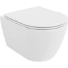 Biała, połyskująca miska WC typu Rimless z wolnoopadającą deską slim, wykonana z duroplastu. Produkt ma nowoczesny, minimalistyczny design.