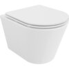 Biała, połyskująca miska WC o nowoczesnym, minimalistycznym designie z deską wolnoopadającą typu slim. Produkt wykonany z duroplastu, bez widocznych elementów montażowych.