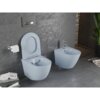 Na zdjęciu znajduje się szara-niebieska matowa miska WC z deską wolnoopadającą oraz bidet, zamontowane na tle szarej, teksturowanej ściany. Obok miski WC wisi uchwyt z rolką papieru toaletowego, a na podłodze leżą czasopisma i roślina w doniczce.