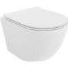 Biała, połyskująca miska WC z deską wolnoopadającą o smukłym profilu, bez widocznych elementów montażowych. Produkt ma nowoczesny, minimalistyczny design.