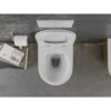 Na zdjęciu widoczna jest biała miska WC z deską wolnoopadającą, zamontowana na szarej ścianie. Obok znajduje się uchwyt z papierem toaletowym oraz stos książek, z których jedna ma widoczny tytuł "John Ruskin: Von Venedig".