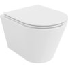 Biała, błyszcząca miska WC bez kołnierza z wolnoopadającą deską typu slim, wykonana z duroplastu. Produkt ma nowoczesny, minimalistyczny design.