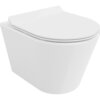 Biała, połyskująca miska WC typu Rimless z wolnoopadającą deską slim wykonaną z duroplastu. Produkt ma nowoczesny, minimalistyczny design.