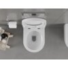 Na zdjęciu widoczna jest biała, połyskująca miska WC typu rimless z deską wolnoopadającą, zamontowana na szarej ścianie. Obok znajduje się uchwyt z rolką papieru toaletowego oraz drewniana półka z kosmetykami.