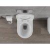 Biała miska WC typu Rimless z deską wolnoopadającą slim, wykonana z duroplastu, zamontowana na tle szarej ściany z drewnianą podłogą. Obok znajduje się uchwyt z rolką papieru toaletowego oraz przycisk spłukujący.