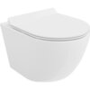 Biała, połyskująca miska WC bez kołnierza z wolnoopadającą deską typu slim, wykonana z duroplastu. Produkt ma nowoczesny, minimalistyczny design.