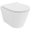 Biała, połyskująca miska WC z deską wolnoopadającą o smukłym profilu, wykonana z duroplastu. Produkt ma nowoczesny, minimalistyczny design bez widocznych elementów montażowych.