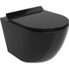 Czarna, błyszcząca miska WC z deską wolnoopadającą, o nowoczesnym, zaokrąglonym kształcie. Produkt wykonany z duroplastu, prezentuje minimalistyczny design bez widocznych elementów montażowych.