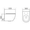 Na zdjęciu widoczne są dwa rysunki techniczne przedstawiające wymiary miski WC, z oznaczeniami: 535 mm, 365 mm, 360 mm i 180 mm. Rysunki pokazują widok z boku oraz z góry, z zaznaczonymi otworami montażowymi.
