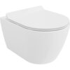 Na zdjęciu znajduje się biała, połyskująca miska WC z deską wolnoopadającą typu slim. Produkt ma nowoczesny, zaokrąglony design i jest wykonany z duroplastu.